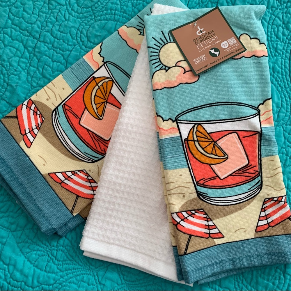 Beach Cocktail Kitchen Towels Blue White Orange Coral Sand Ocean Sun Umbrella